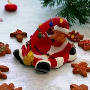 Vintage Rare Christmas Reindeer Basket Ceramic Bowl Pottery Cookies Plate